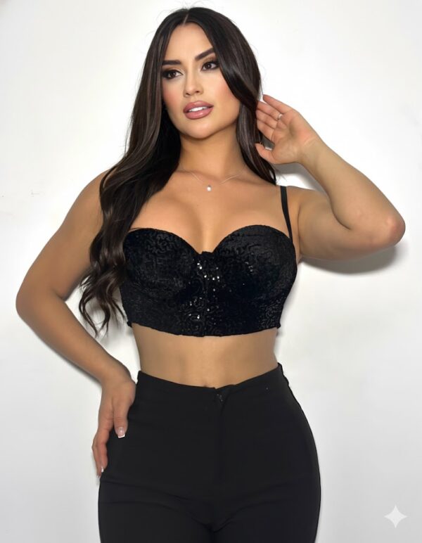 Top Corsé Bustier Negro de Encaje con Lentejuelas